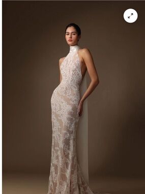 High-Neck Sheer Lace Halter Wedding Dress in White